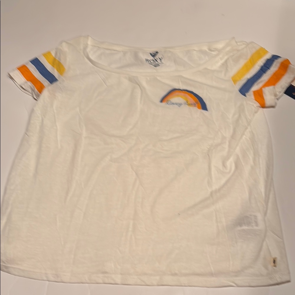 NWT Roxy White Tee with Rainbow and Striped Sleeves super soft top surf M